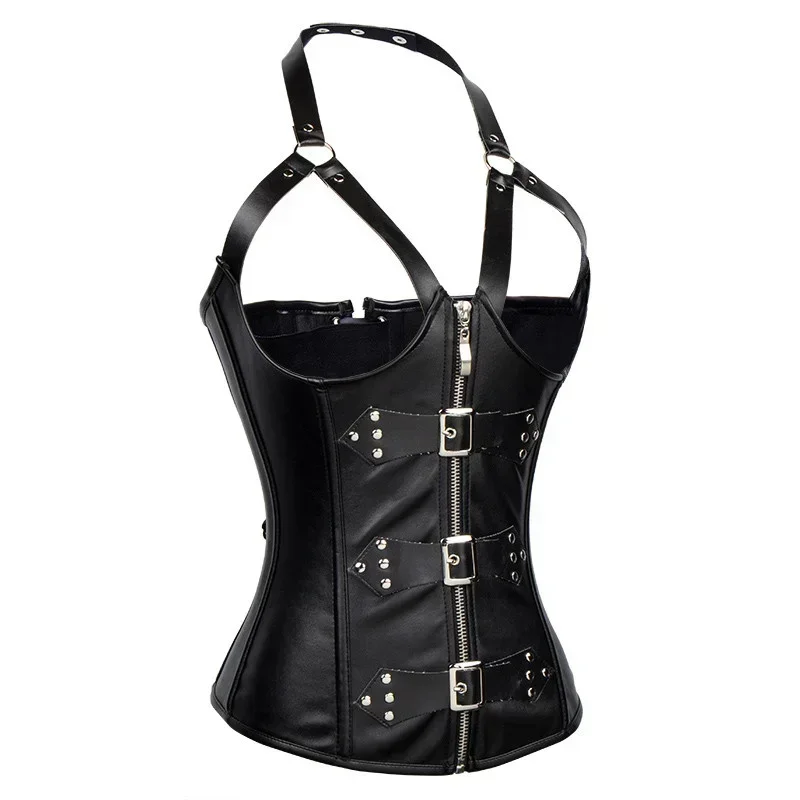 Black Steampunk Leather Corset with Garters Open Bust Zip Underbust Bustier Sexy Women Erotic Lingerie Nightwear