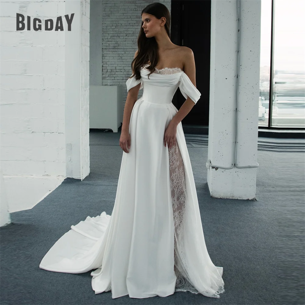 

BIGDAY Кружевное плиссированное свадебное платье трапециевидной формы 2025, свадебное платье с высоким боковым разрезом и открытыми плечами, с открытой спиной, Vestidos De Noiva по индивидуальному заказу