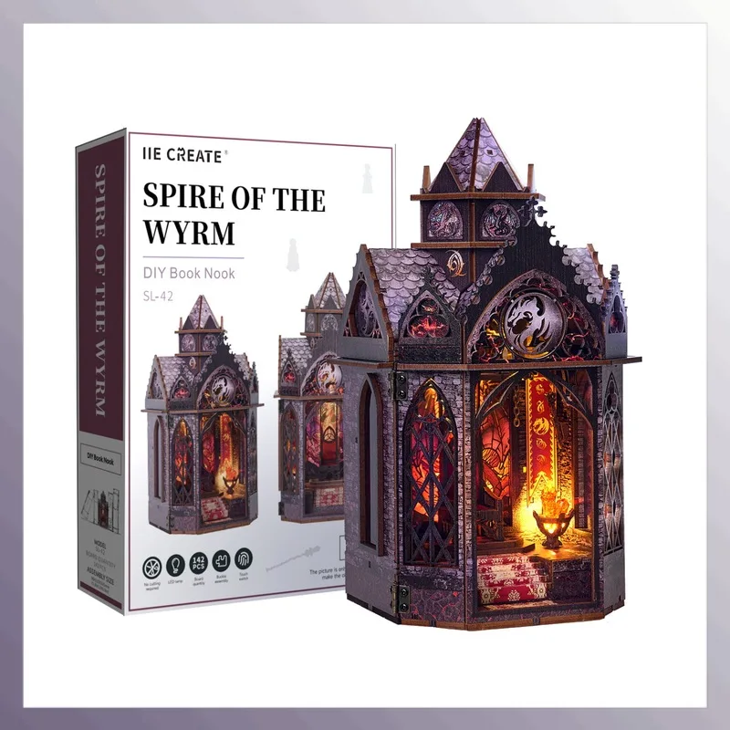 New Diy Wooden Spire Of The Wyrm Book Nook Shelf Insert Kits Gothic Architecture Miniature Model Kit Bookend For Friends Gifts