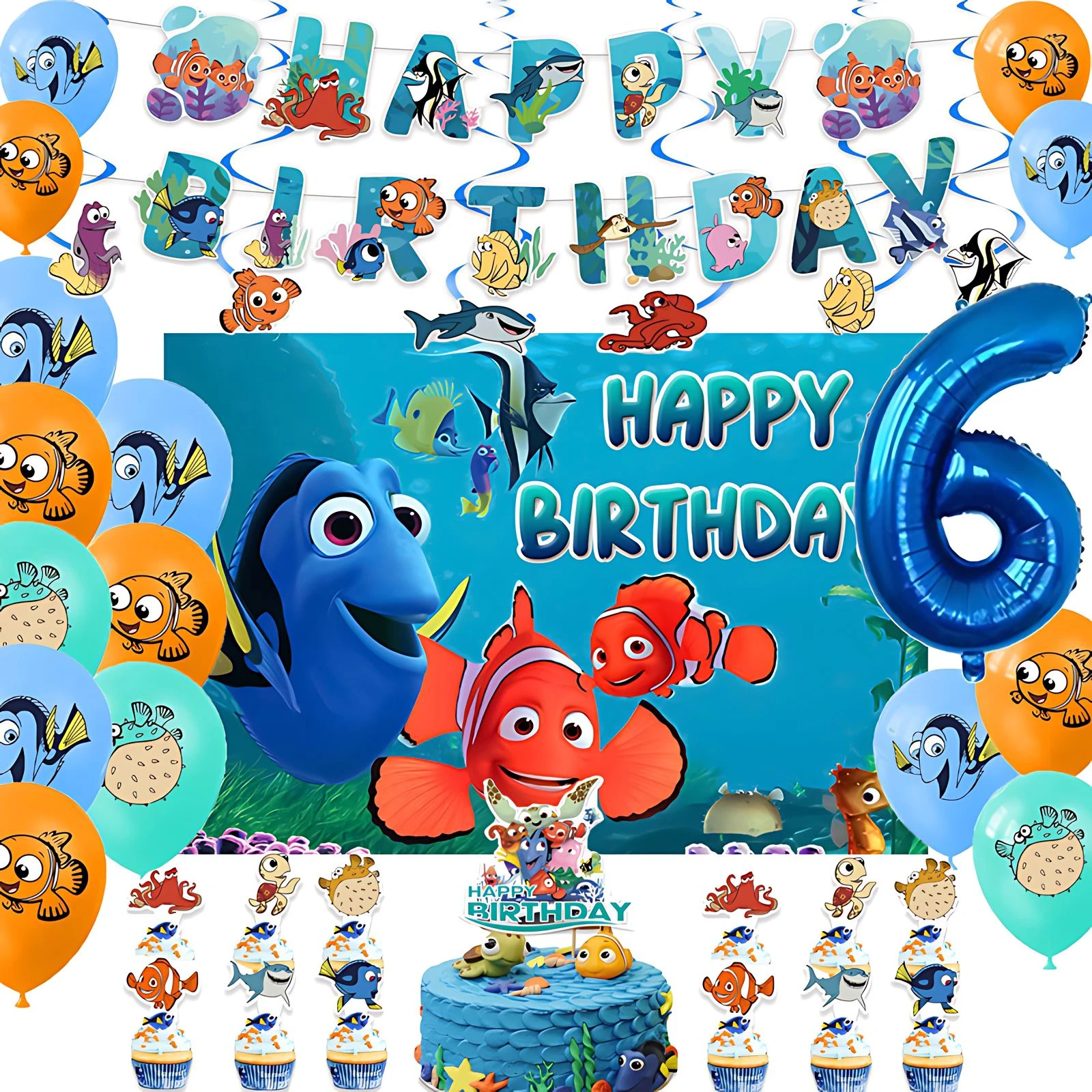 

Cartoon Finding Nemo Theme Kids Birthday Party Baby Shower Balloon Banner Background Decoration Cake Topper Supplies Gifts Photo