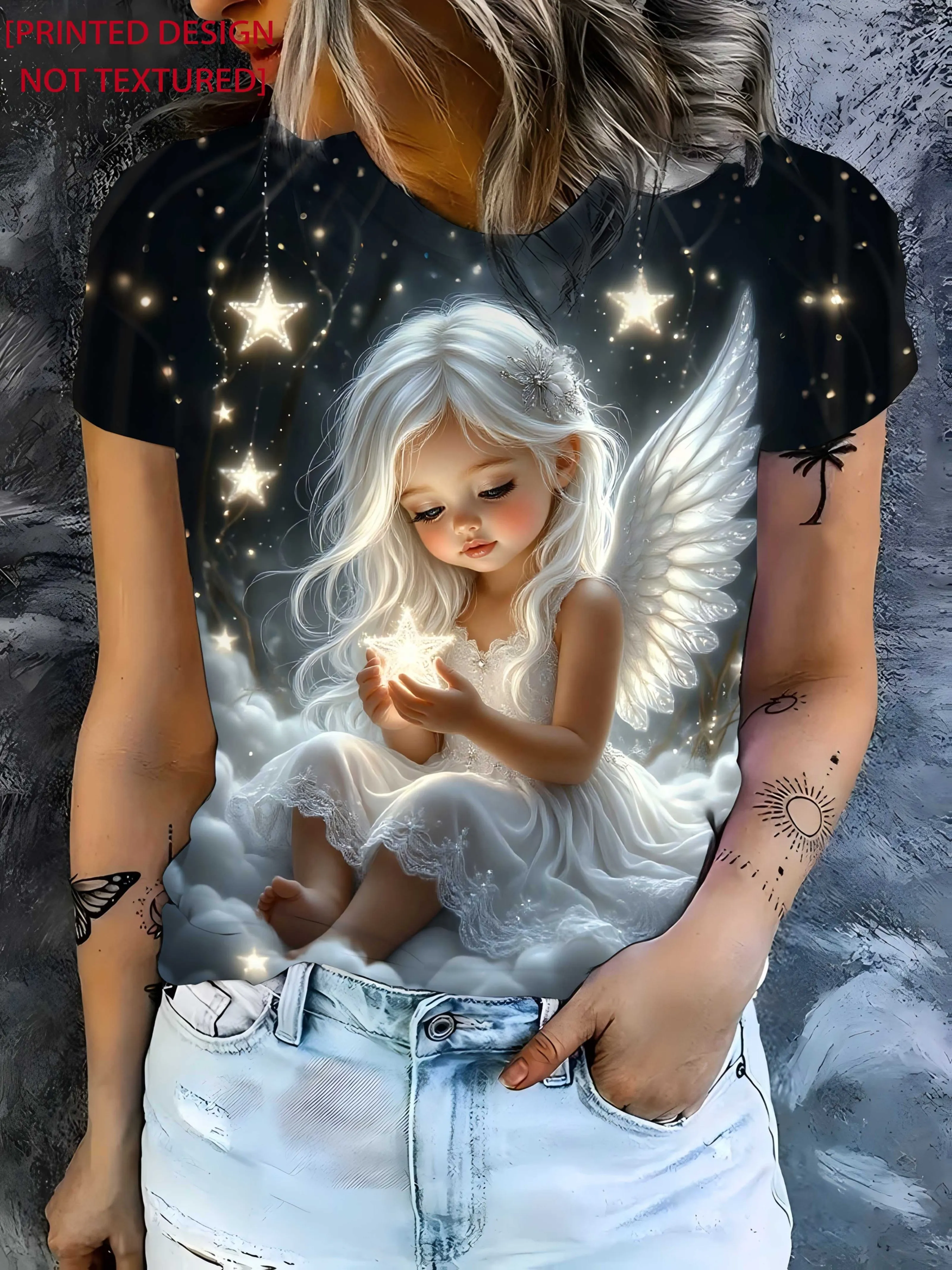 Women Short Sleeve T‑Shirt Cute Little Angel Star Cloud Wing Print Crew Neck Loose Casual Summer Tops