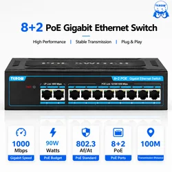 TEROW Gigabit POE anahtarı 10 port Ethernet Switcher 1000Mbps 8 PoE + 2 Uplinks IEEE802.3af/at 120W IP kamera için dahili güç
