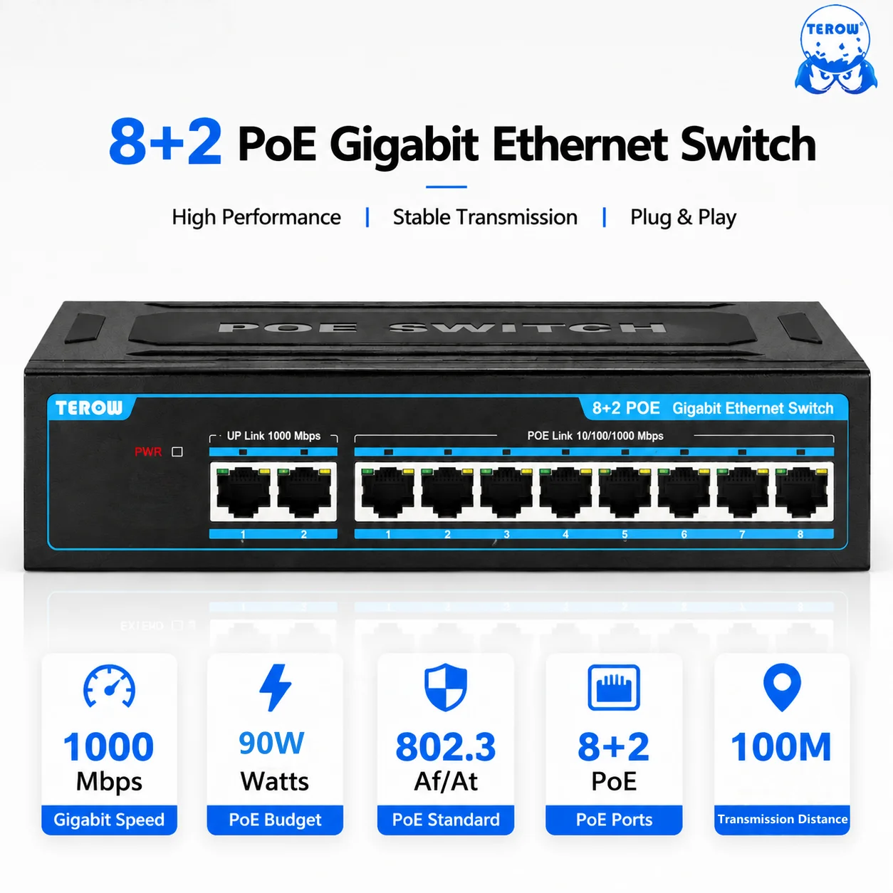 TEROW 10 Port Gigabit POE Switch Ethernet Switch 1000Mbps 8 PoE +2 Uplinks IEEE802.3af/at 120W Network Switch for IP Camera