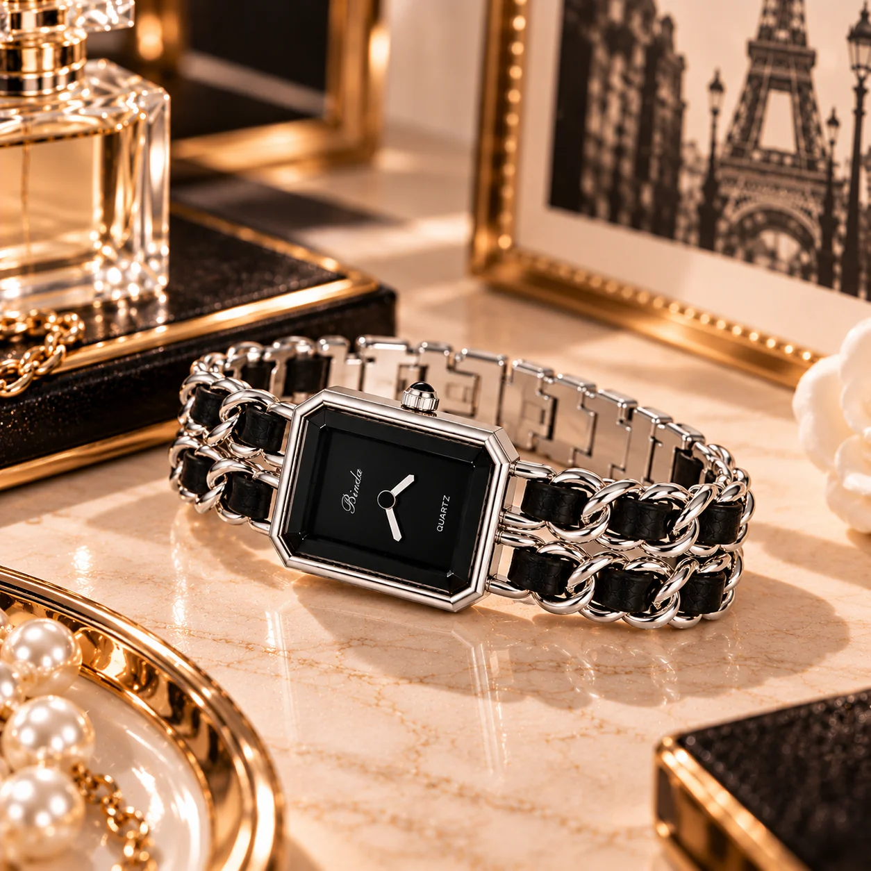KAIRIS Women's Black Rectangle Quartz Watch Stainless Steel Chain Bracelet Fashion Elegant Luxury Wristwatch