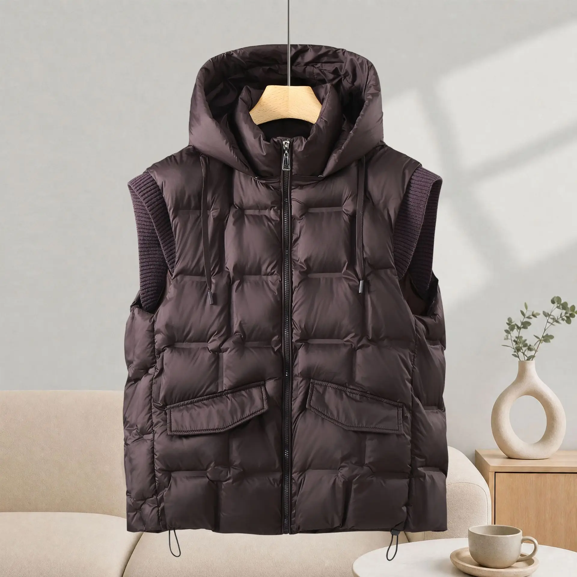 Winter Down Cotton Vest Jacket Women New Sleevele Jacket Hooded Parkas Warm Vest Coat Female Waistcoat Overcoat Chaleco Mujer