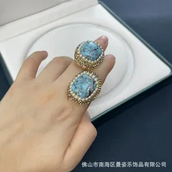 New turquoise ring clay inlaid with small pearls jewelry point diamonds handmade texture niche popular wholesale