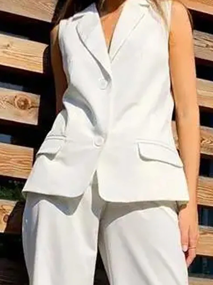 

Офисный женский жилет и длинные брюки, повседневный костюм, простой однотонный прямой наряд с высокой талией для вечеринок, элегантная уличная одежда, летние комплекты