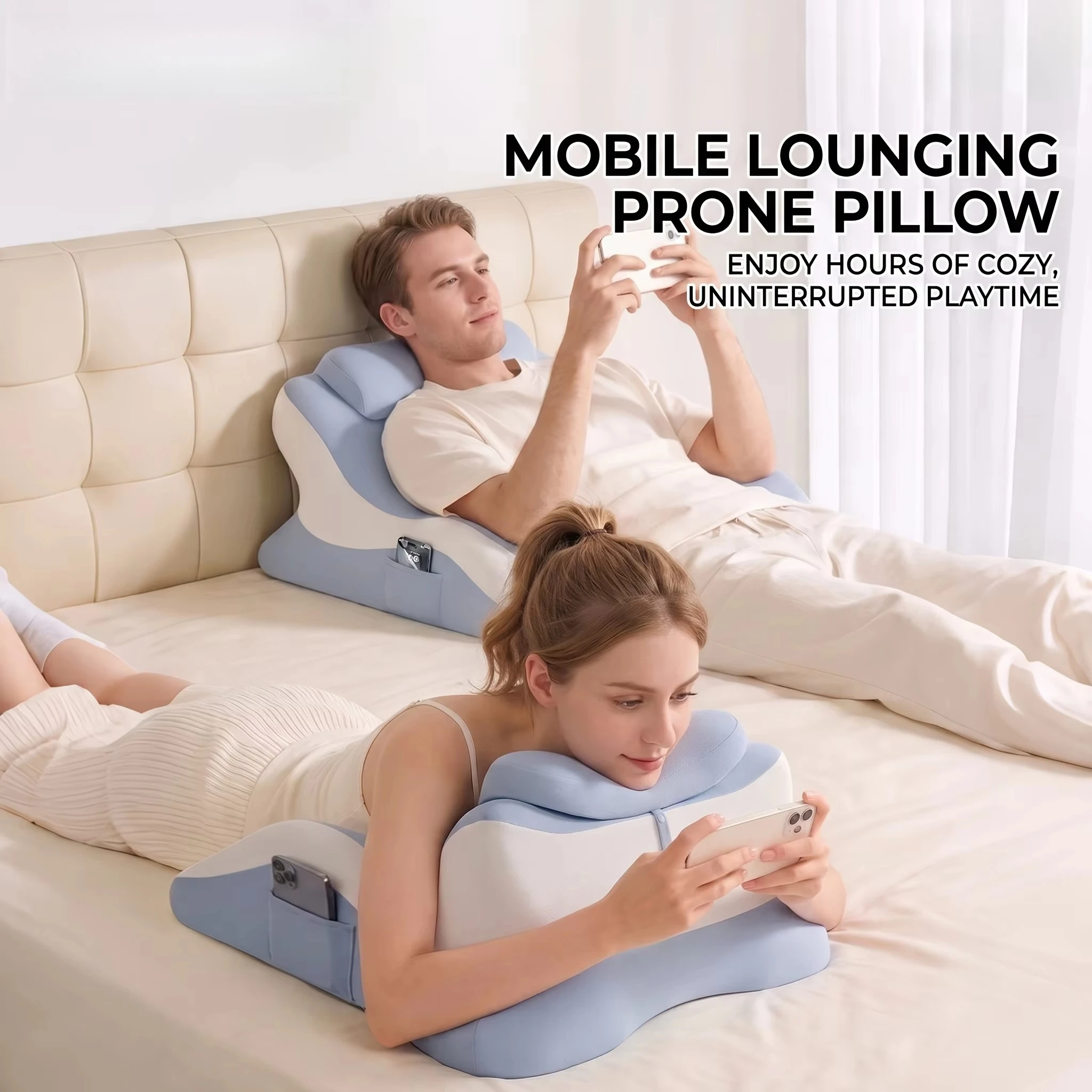 Multi-Position Reading Pillow for Adults, High-Density Memory Foam Wedge Backrest with Detachable Neck Roll and Side Pocket,