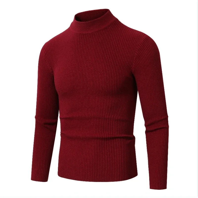 2024 Autumn and Winter New Men\'s Semi High Neck Solid Color Elastic Stripe Pullover Warm  Knitted Oversized Sweater for Men