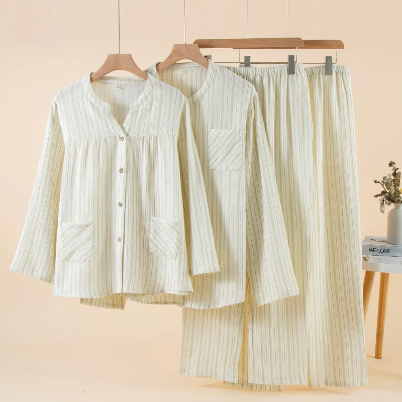 

Cotton Striped Printed Couples Long Sleeved Long Trousers 2 Pcs Pajamas Set Home Wear Sleepwear Clothes for Men and Women