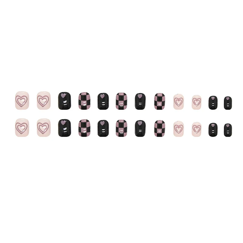 Juego completo de manicura para uñas postizas, Set de 24 piezas de uñas postizas artísticas de corazón de amor, colores negro y rosa