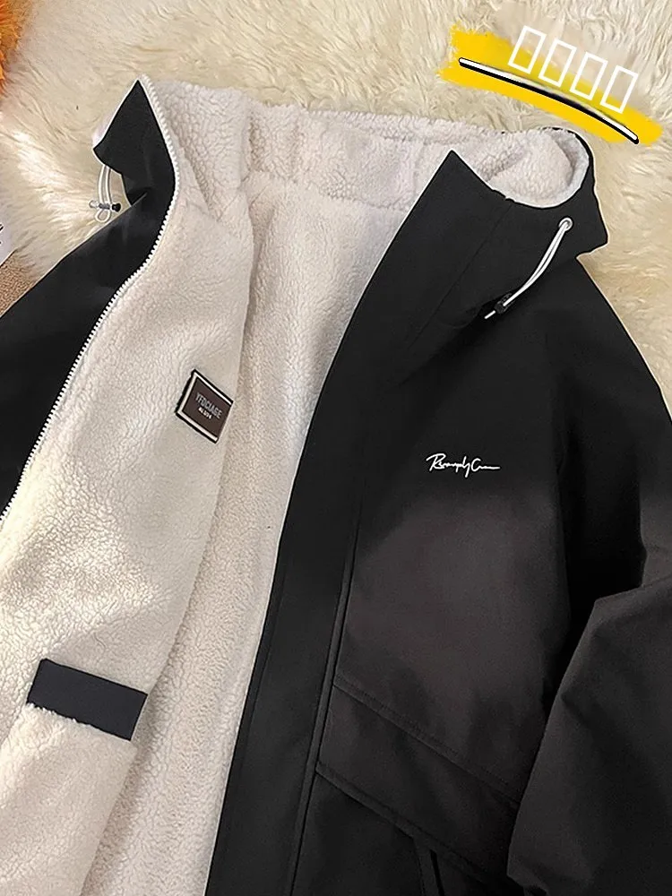 

Двусторонняя мужская осенне-зимняя куртка с флисовой подкладкой и капюшоном, молодежная модная ветрозащитная куртка из полиэстера на молнии