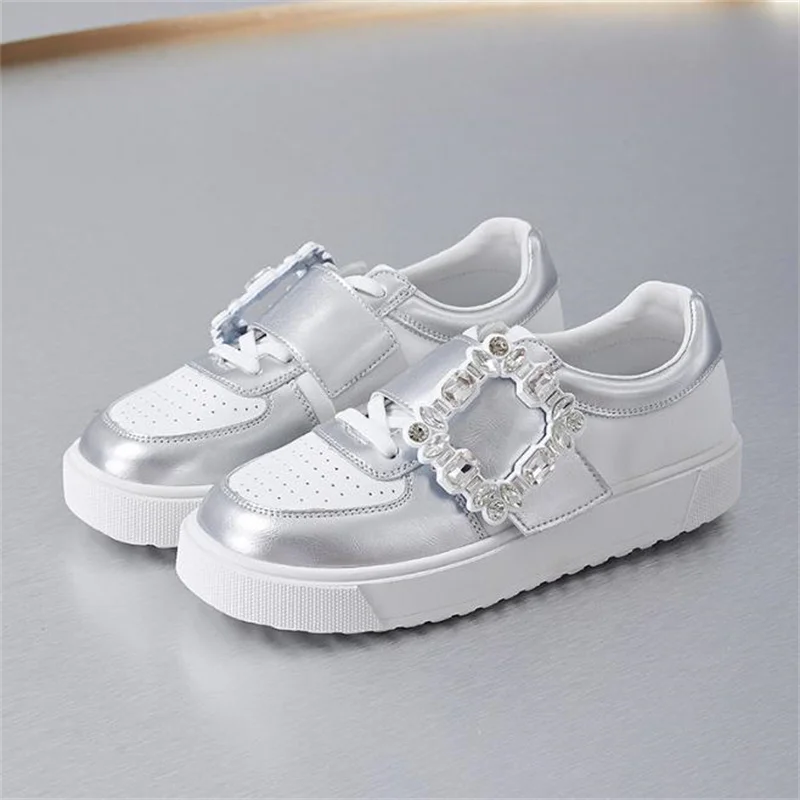 Genuine Leather Rhinestones Women Sneakers All Match Hook Loop Runway Casual Trainers Chunky Heel Platform Tennis Female Shoes