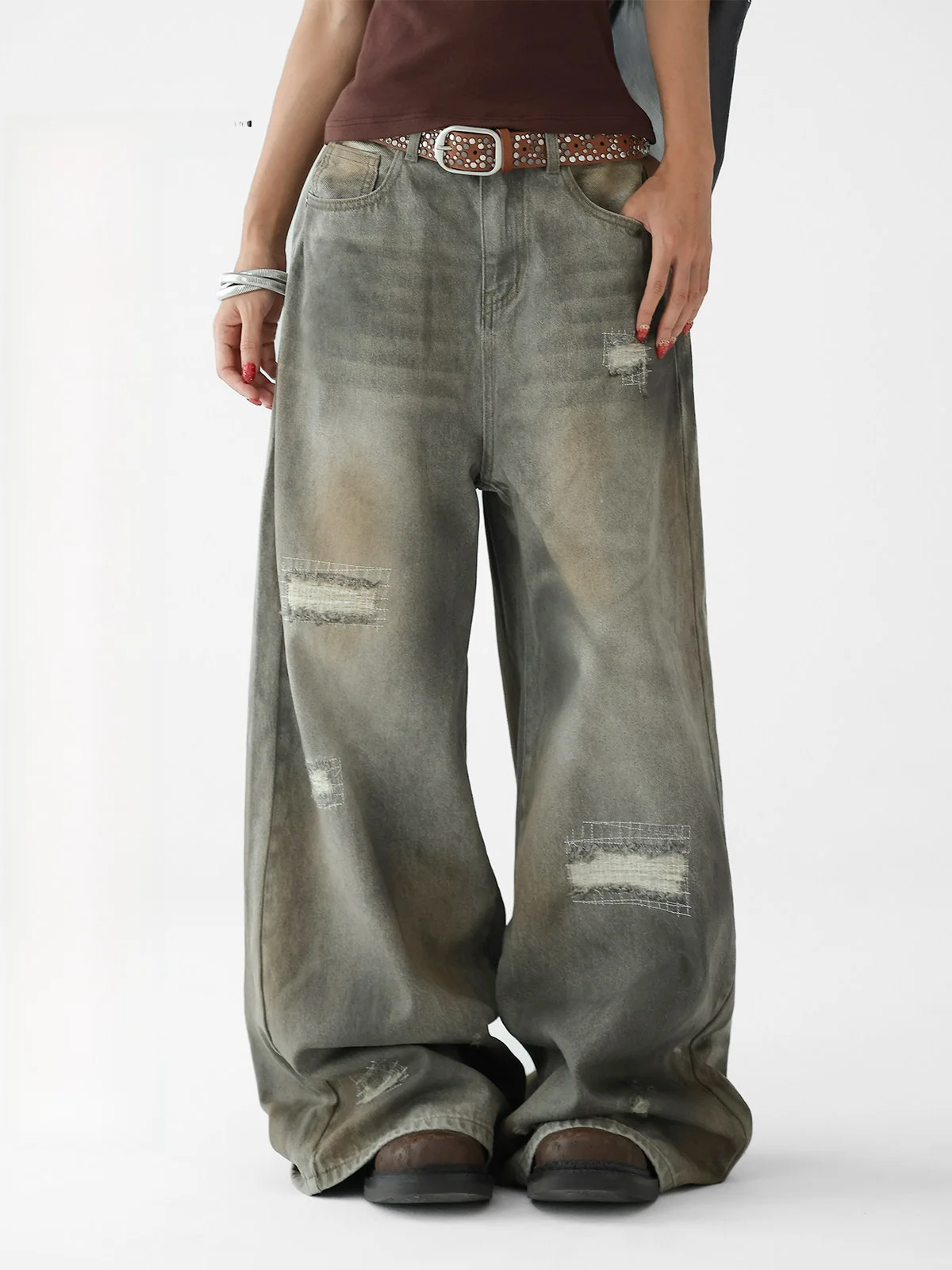 

Джинсы Acestudios American High Street свободного прямого кроя с широкими штанинами, выцветшие, винтажные, в стиле дёрзкого стритстайла, длиной в пол, повседневные, с высокой талией