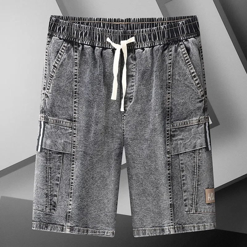 

2025 New Men's Workwear Denim Shorts Summer Thin Street Casual Elastic Waist Breathable Loose Large Size