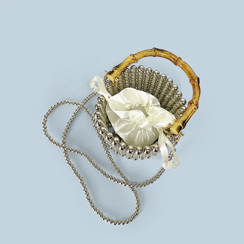 New niche design drawstring bucket bag, pearl chain bag, hand-held bamboo bag, hand woven crossbody bag