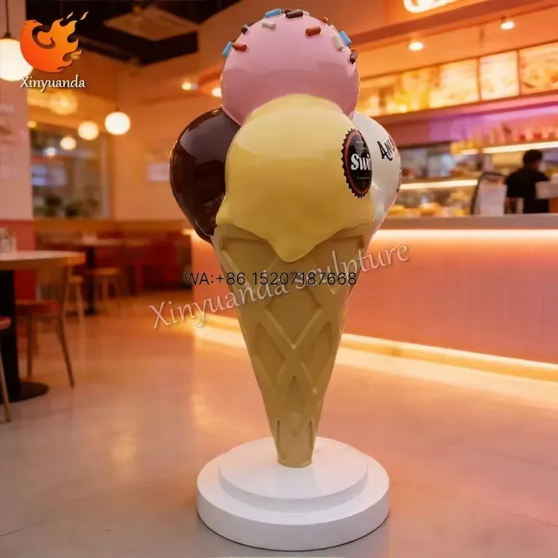 Wmwmnu Custom Large Fiberglass Ice Cream Cone Sculpture Outdoor Storefront Decor for Dessert Shop Milk Tea Store Attracting