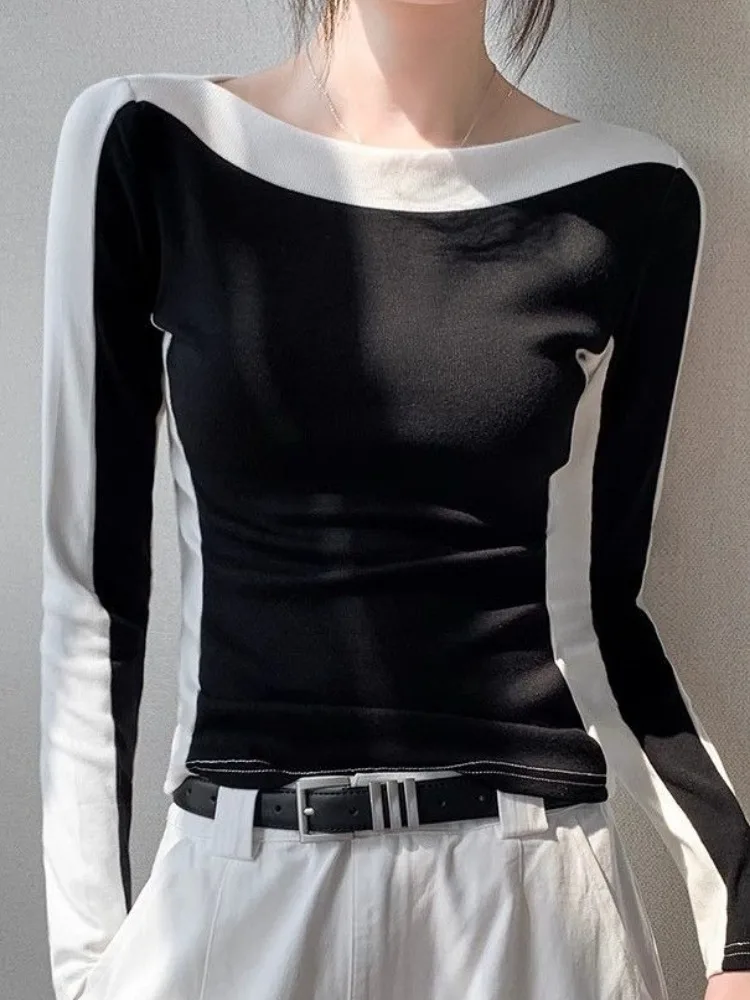 

Fashion Simple Patchwork Long Sleeve T-shirts 2025 Early Autumn New White Top For Women Y2k Slim Fit Bottoming Tee Shirt