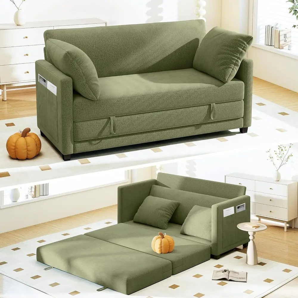 

65 Convertible Sofa Bed, Loveseat Sleeper for Small Spaces, Couch with 2 Pillows (Green Chenille)