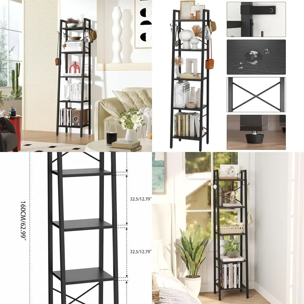 

5-Shelf Industrial Style Bookshelf, Open Rack with 4 Hooks, Metal Storage for Home/Office, Black, 63H x 13.4L x 11.8W