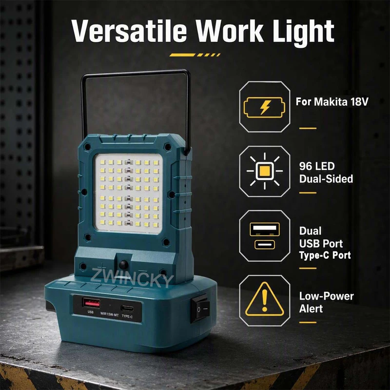 For Makita/Dewal/Milwaukee 18V Li-ion Battery Cordless Double sided LED Work Light With Hook USB Type-C Output Port Camping Lamp