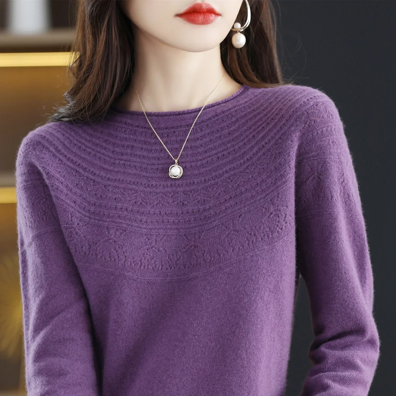 Trendy Style One-Line Ready-To-Wear Pure Wool Sweater Women\'s Hollow Knitted Pullover Autumn and Winter Rolled Edge O-Neck Top