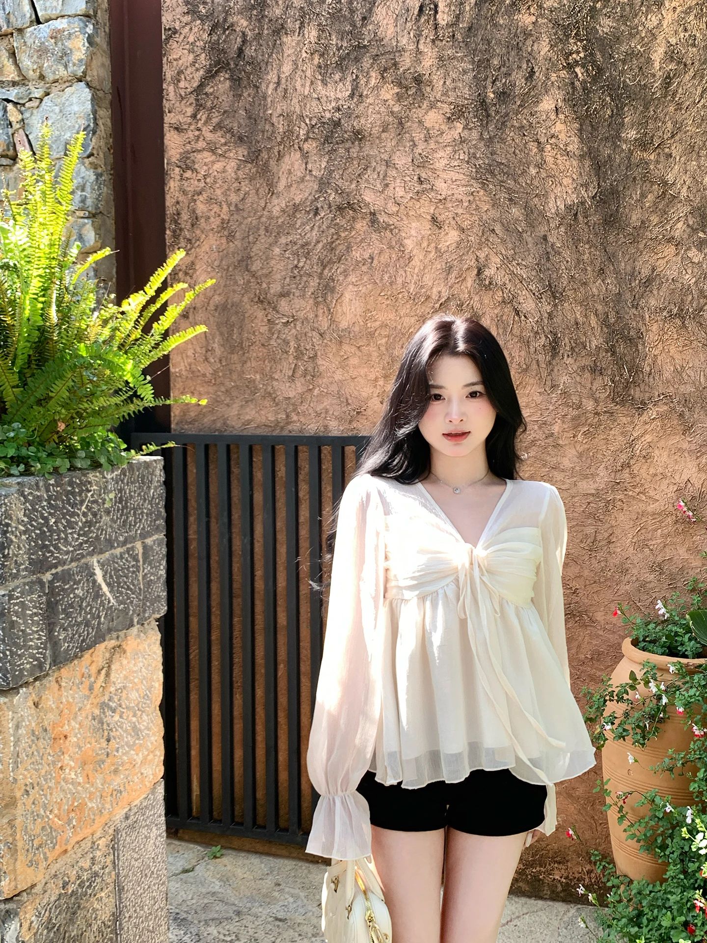 

Banana Women's Chiffon irt V-Ne Gentle Sle Spring 2026 New Design Sweet Sle Slim Fit Long Sve Pure Color Top