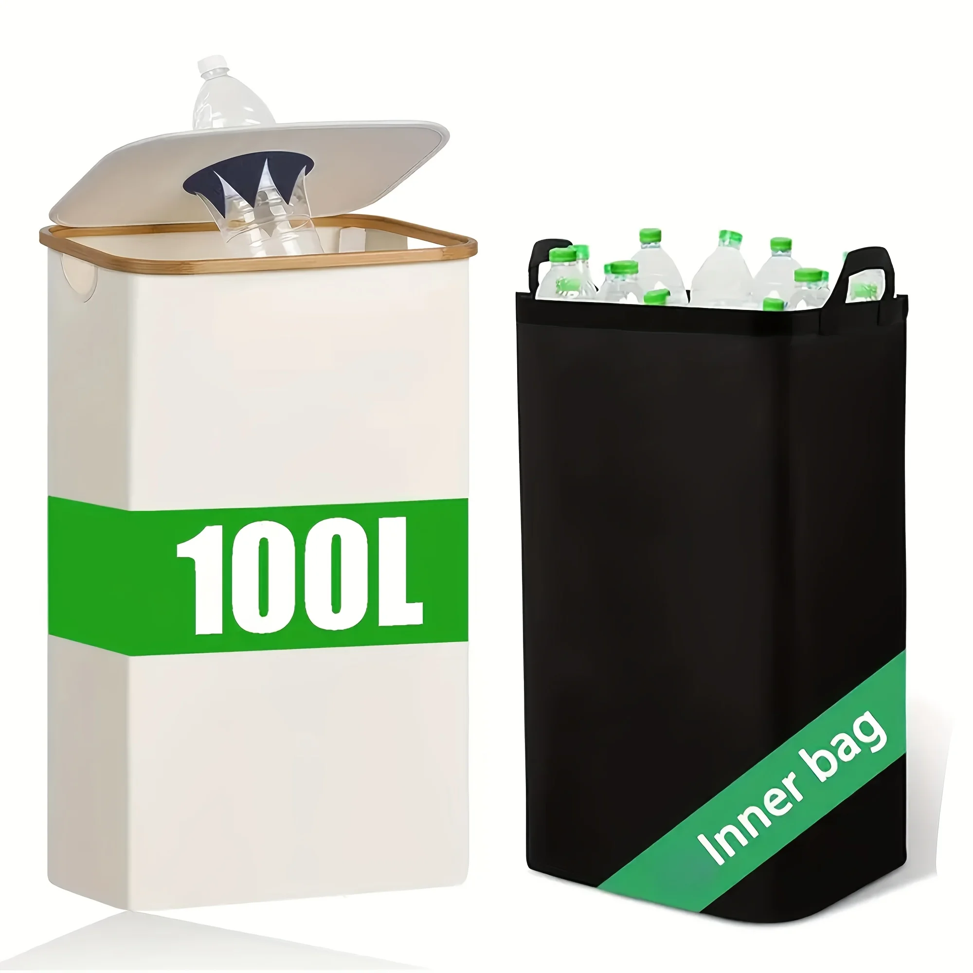 

100L Large Capacity Recycling Bin with Lid Bamboo Recycling Bin-Modern Square Trash Can,Suitable for Bottles,Glass,Paper,Plastic
