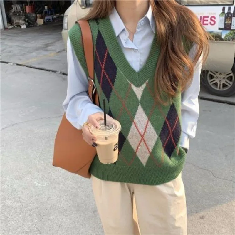 Knit Vests for Women Green V-Neck Lady Sweaters Plaid Pullover Waistcoat Loose Autumn Winter Clothing Sales The Trip Smooth Warm