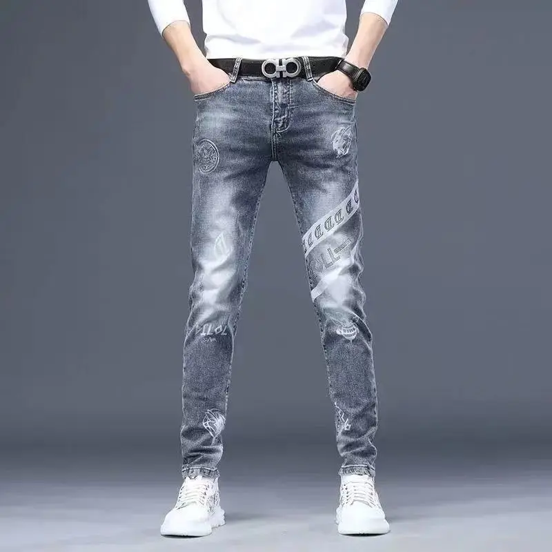 New Autumn and Winter Denim Pants with Men's Hot Stamping Diamond Print Slim Fit and Small Feet New Versatile Pants