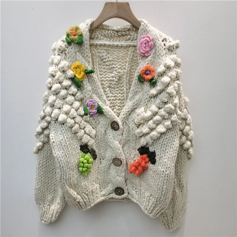 

SuperAen Three-dimensional Flower V-neck Knitted Cardigan for Women 2026 Winter New Fashion Design Loose Sweet Korean Style Coat