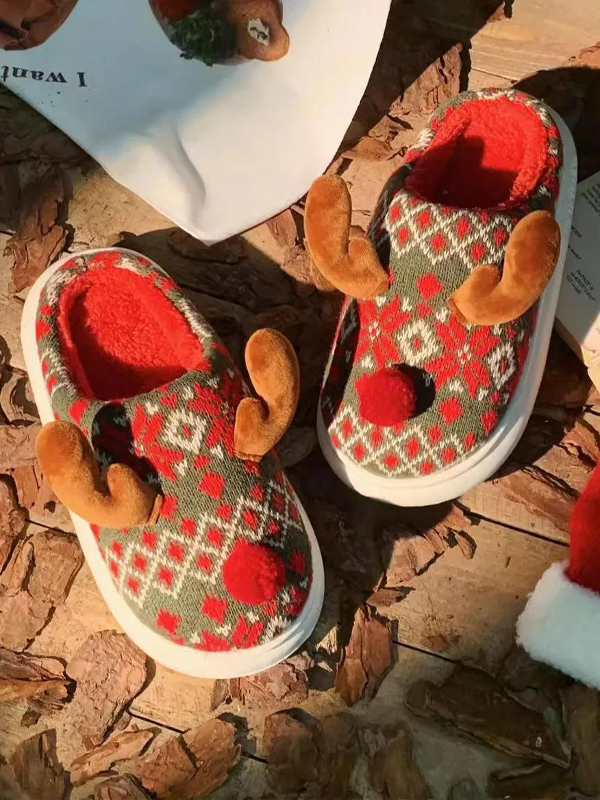 Zapatillas de casa cálidas y a la moda para mujer, suela suave, Reno de Navidad, invierno, interior, hogar, dibujos animados, algodón