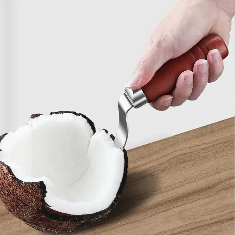 Hot Newest Coconut Meat Extractor Durable Wooden Handle Coconut Opener Scraper Knife Kitchen Accessories Stainless Steel