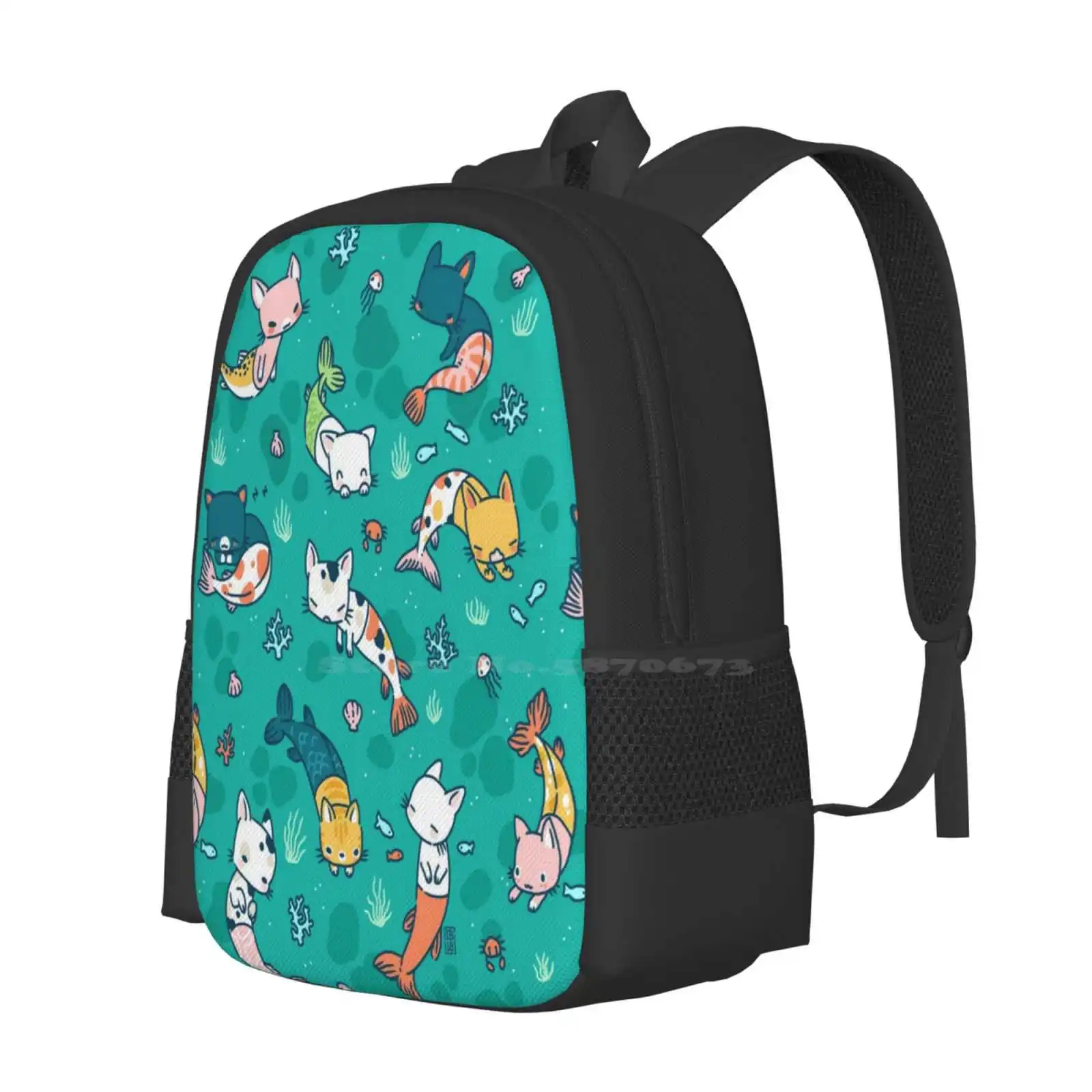 Meowmaids Teal Hot Sale Backpack Fashion Bags Cat Animal Mermaid Fish Sea Water Kawaii Cute Fantasy Cartoon Simple Nursery Kids