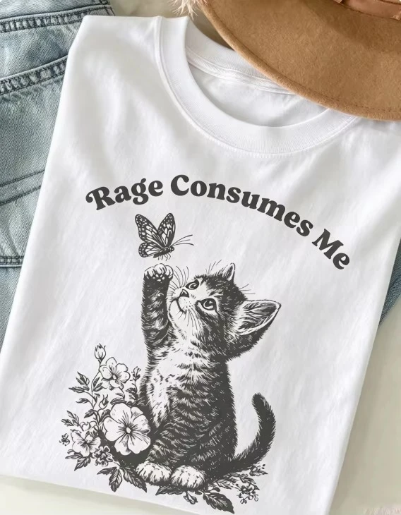 2026 Women's 100% Cotton Casual Crew Neck T-Shirt, Rage Consumes Me Cute Cat Meme Graphic Tee, Nashville Western 90s Aesthetic, Curvy Teacher Outfit Mental Health Short Sleeve Basic Tops For Daily Wear