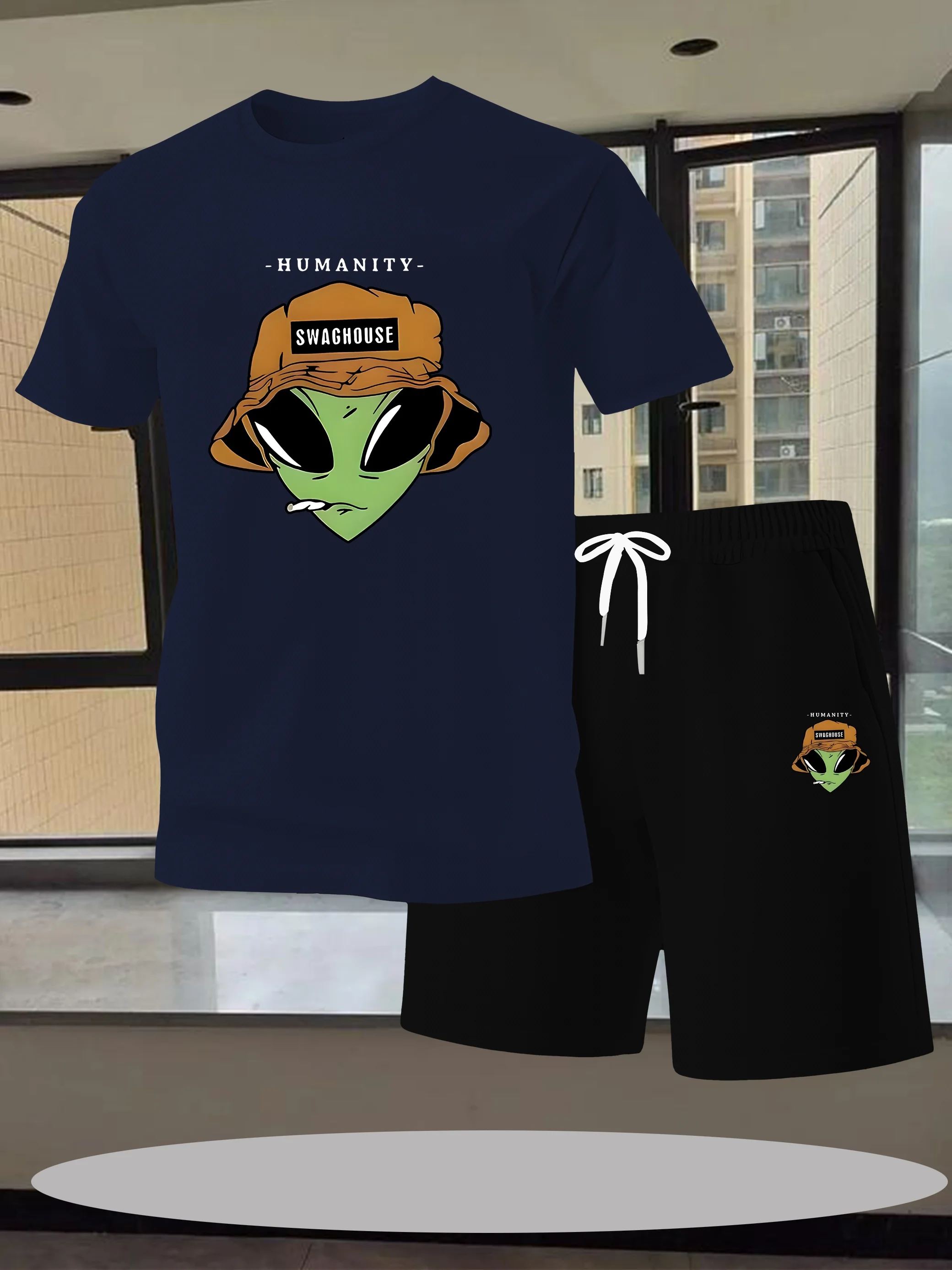 

2025 Summer Sports Men's Running Set Printed Top Casual T-shirt+Shorts Two Piece Set Slow Running Breathable Quick Drying