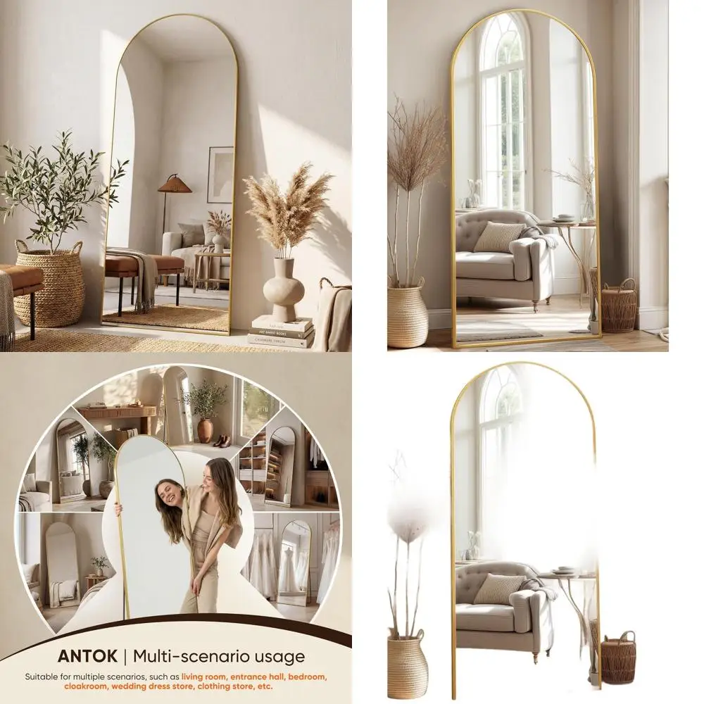 

Freestanding Arched Full-Length Mirror with Stand for Bedroom, Living Room, or Cloakroom in Gold
