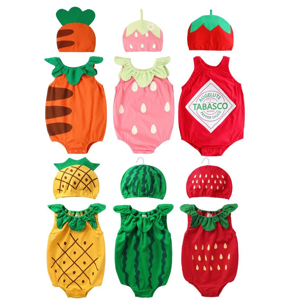 Baby Sleeveless Romper Summer Infant Fruits Outfit Hat 2pcs Unisex Boys Girls Cute Onesie Cotton Jumpsuit Newborn Daily Outfit
