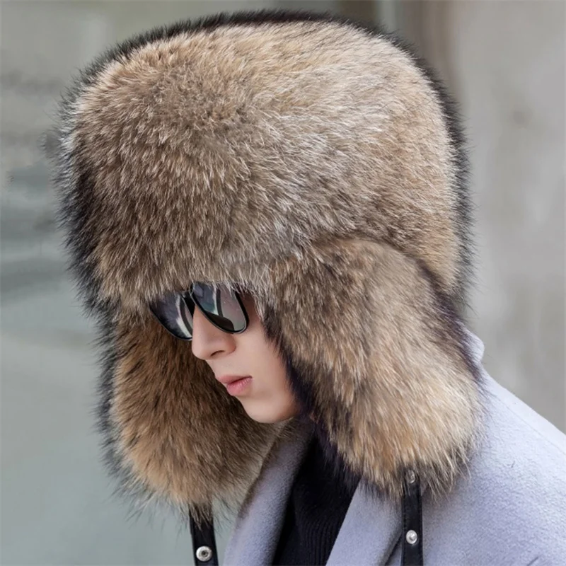 New Winter Men's 100% Real Silver Fox Aviator Bomber Hat Raccoon Fur Ushanka Cap Trapper Russian Man Sik Hats Caps Real Fur Hats