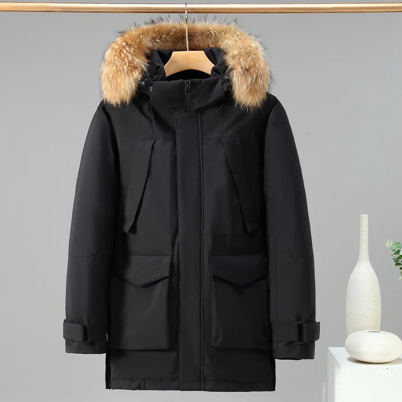 Thick Hooded Parkas Men Patchwork Zipper Parka Spliced Pockets Outerwear Windbreaker Winter Warm High Street Slight Strech