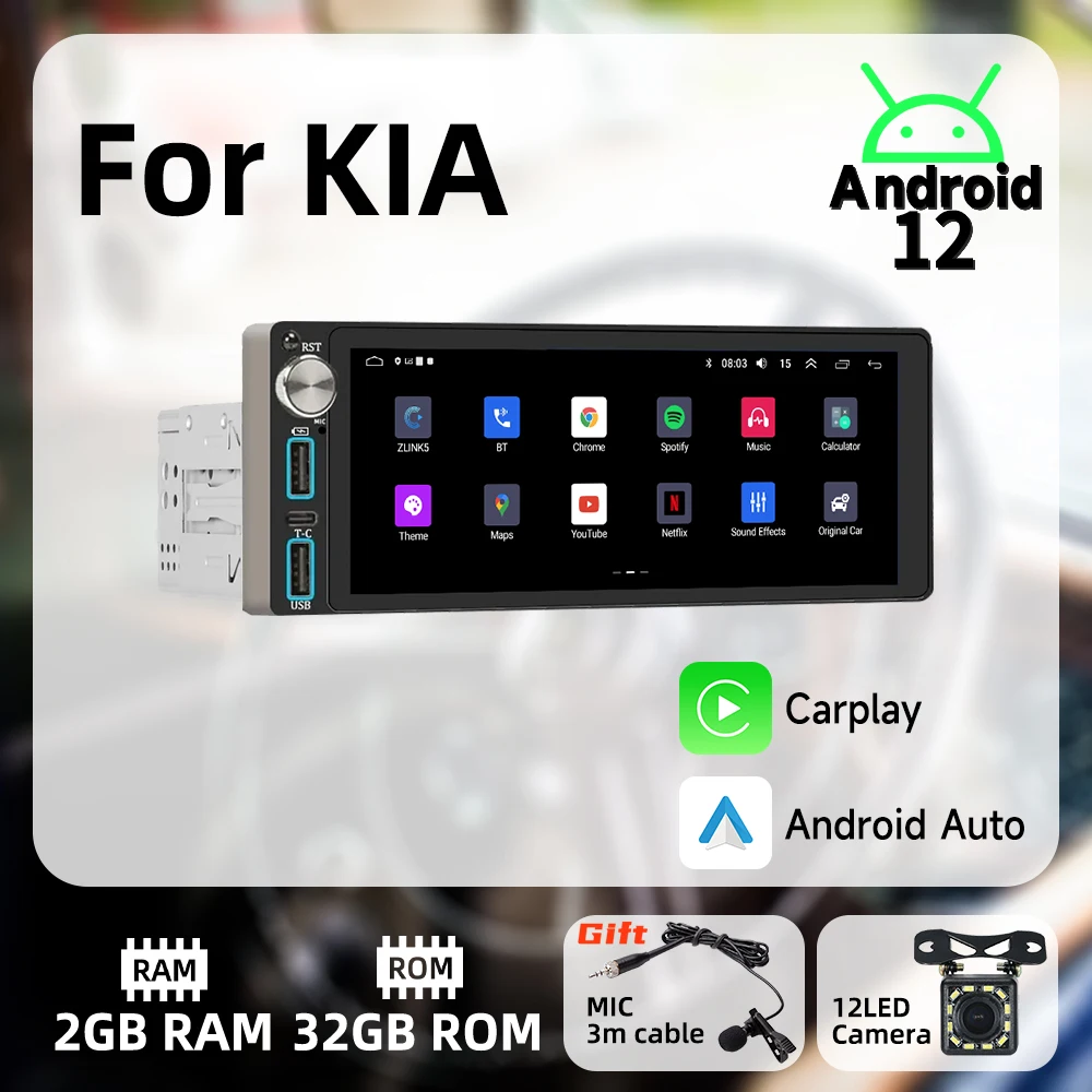 

Carplay Android Auto 1 Din Radio Android Car Multimedia for KIA 6.86" Screen Stereo Head Unit Autoradio GPS Navigation BT Wifi