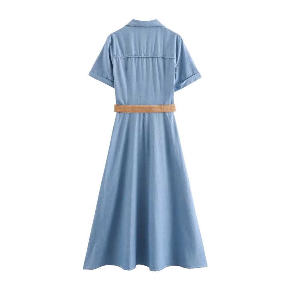 2024ZAR4 Summer New Women\'s European and American Style, Distinctive Western Style, Belt Shirt Style Midi Dress