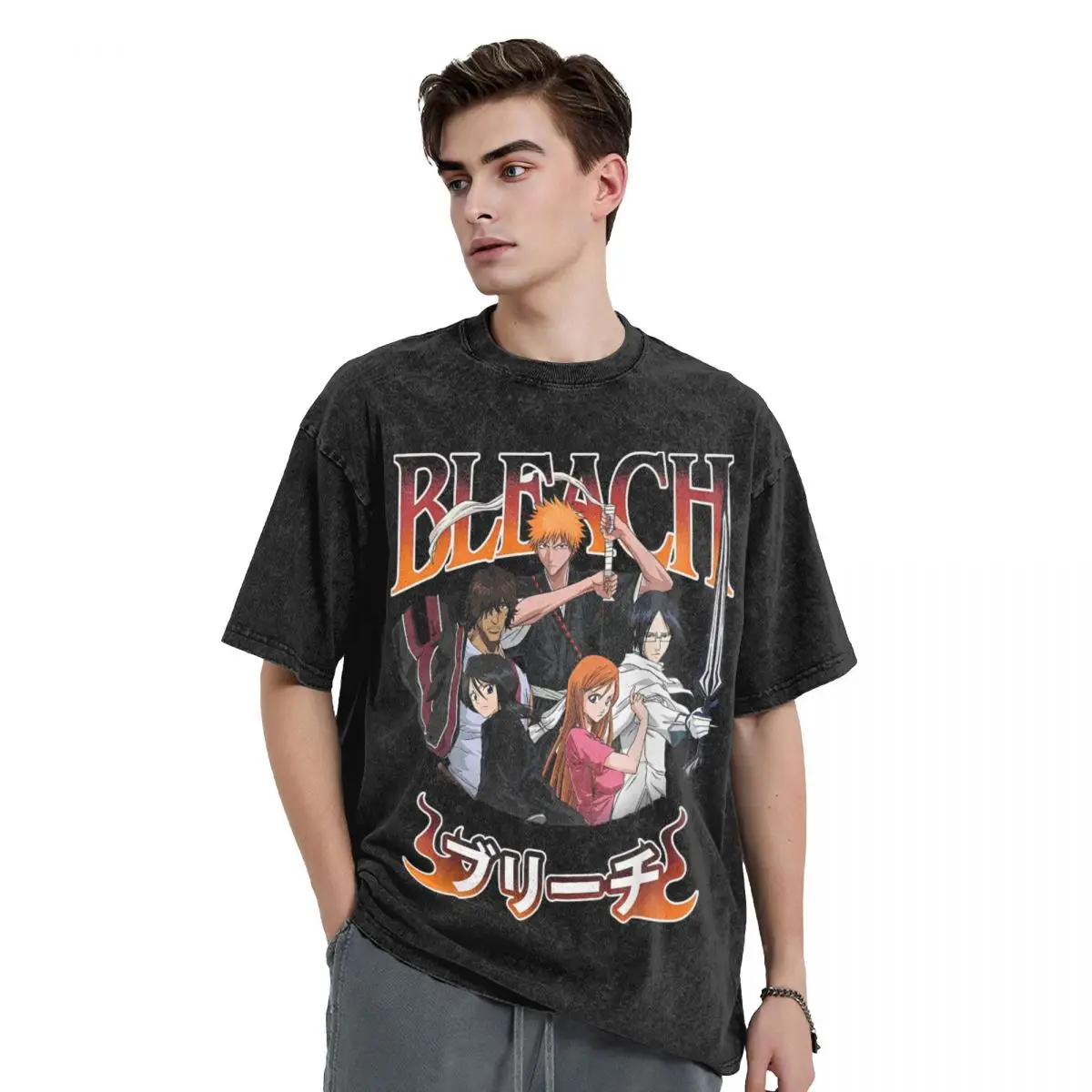 Bleachs Team Ichigo T Shirts Hip Hop Washed Short Sleeve Harajuku T-Shirts Anime Novelty for Men Women Tops Graphic Printed Tees