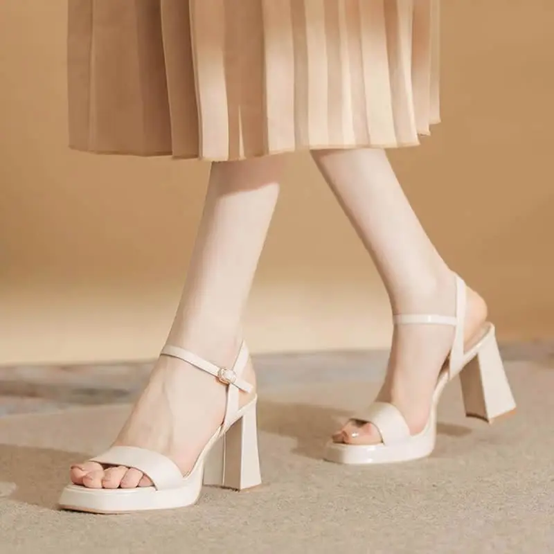 

NEW Summer Woman Sandals Cow Leather Women Shoes Square Toe Super High Heels Solid Chunky Heels Beige Platform Sandals for Women