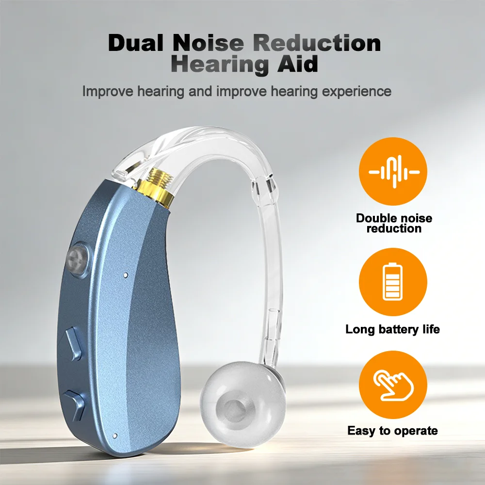 Apparecchi Acustici BTE Ricaricabili Blu-Grigio con Doppia Cancellazione Intelligente del Rumore, Audio HD e Lunga Durata della Batteria per Anziani