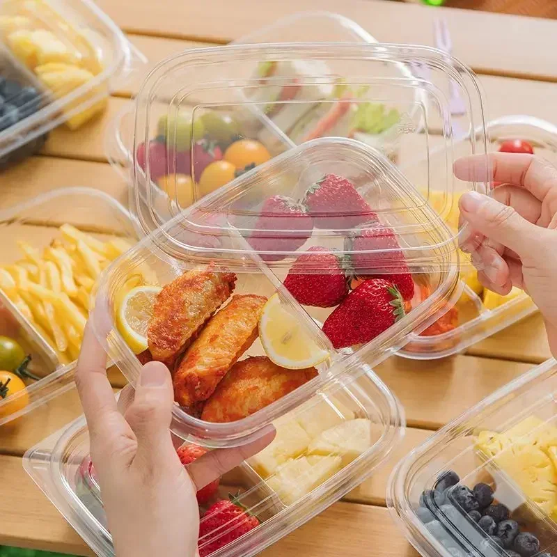 50pcs Disposable Fruit Meal Box Picnic Sushi Plastic Partition Bento Type Bowl 2/3/4 Grid Transparent Food Grade Packaging Boxes