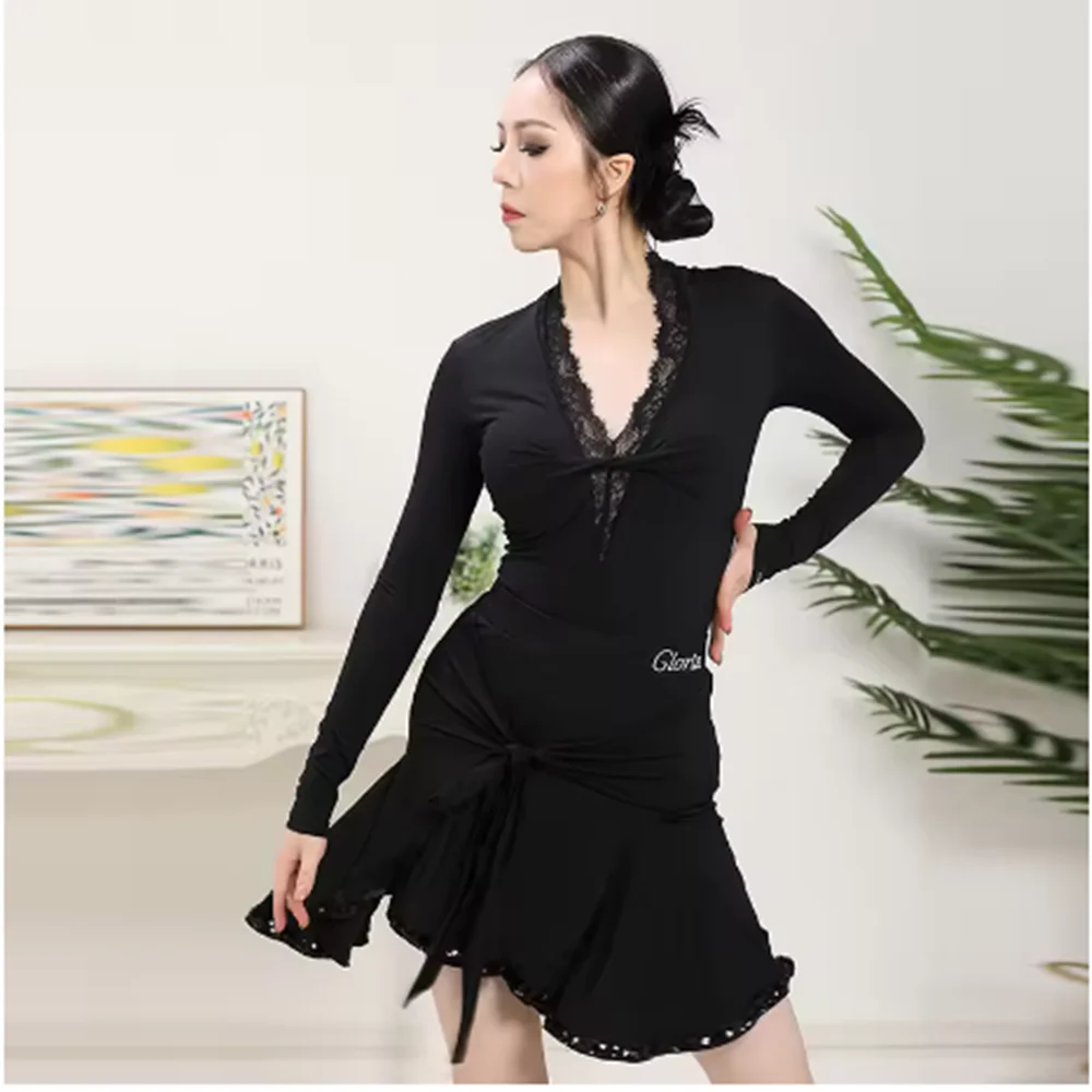 Adult Latin Dance Costume Women Latin Practice Suit Lace V-Neck Bodysuit Fringe Skirt White Dance Performance Clothing  yj807