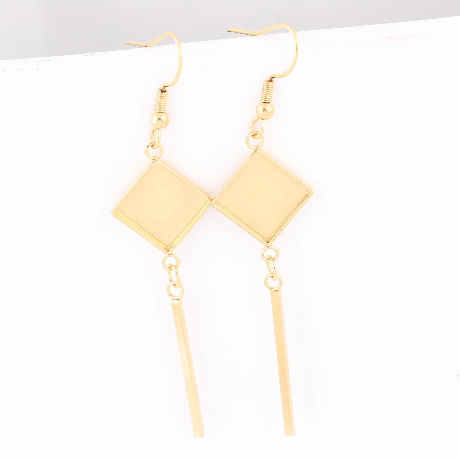10pcs 10mm Square Cabochon Earring Base Setting Blanks Stainless Steel Gold Plated With Dangle Trailer Charms Diy Hooks Findings