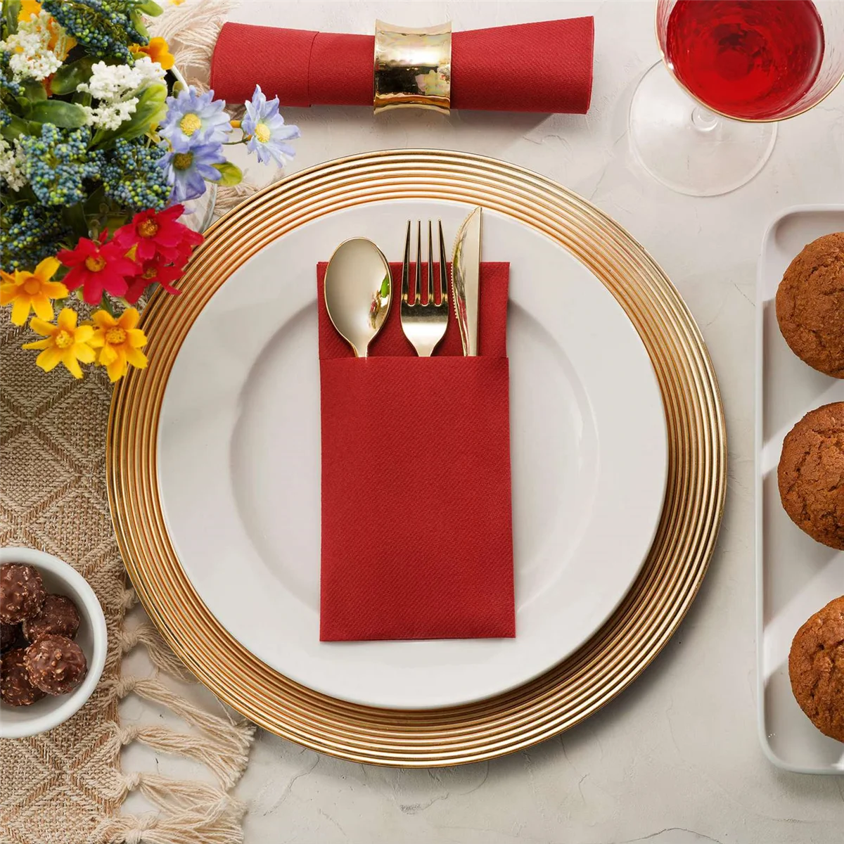 50PCS Disposable Dinner Napkins with Built-in Flatware Pocket,Prefolded Cloth Like Paper Napkins for Wedding Party Red