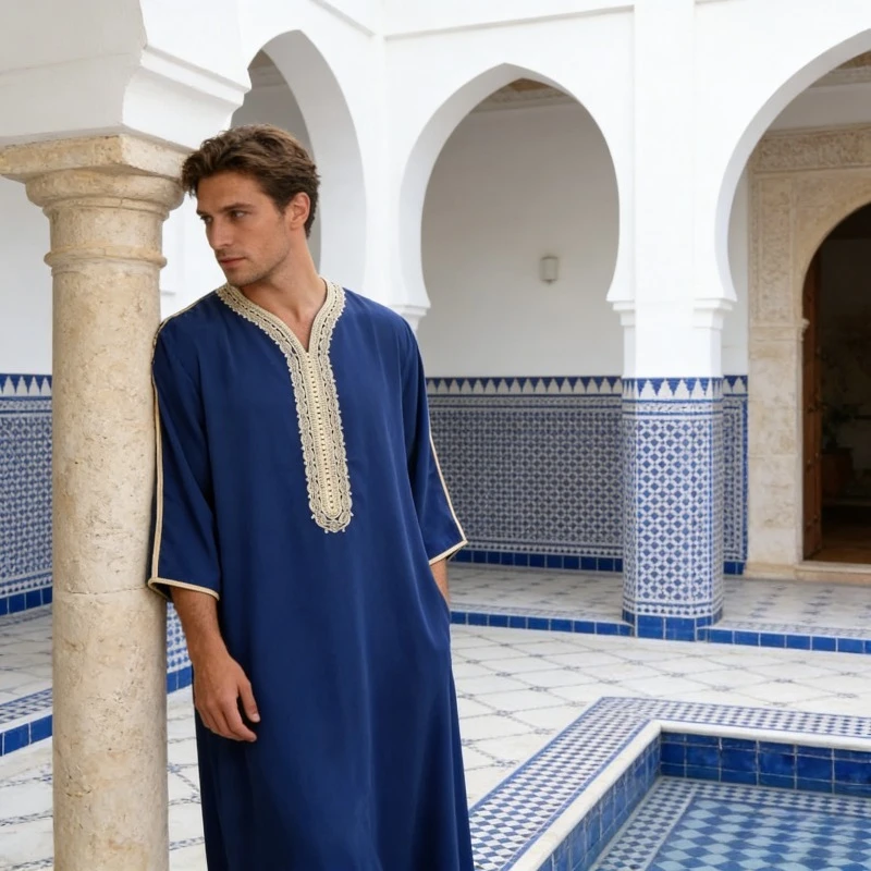 

2026 Men's Long Side Pocket Sleeve Robe for Daily Occasion Wearing Side Pocket Moroccan Embroidery Middle Eastern Muslim Robe